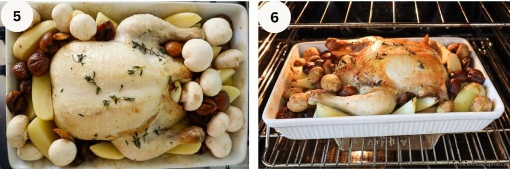 Chicken with potatoes, chestnuts, mushrooms in a roasting pan and the same chicken and vegetables roasting in an oven.
