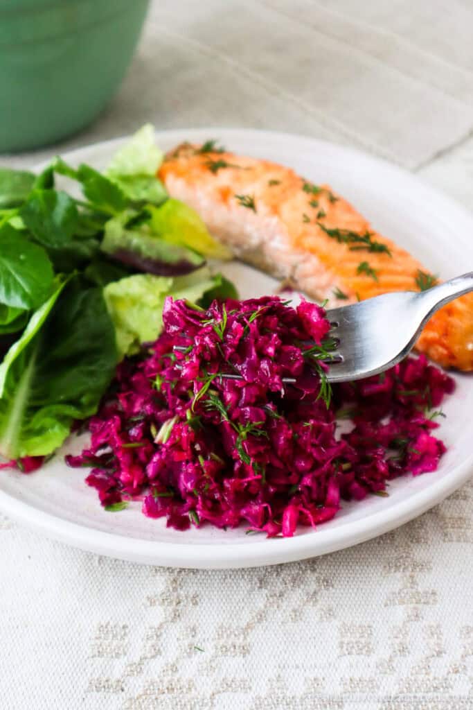 Red cabbage salad served with salmon and fresh dill