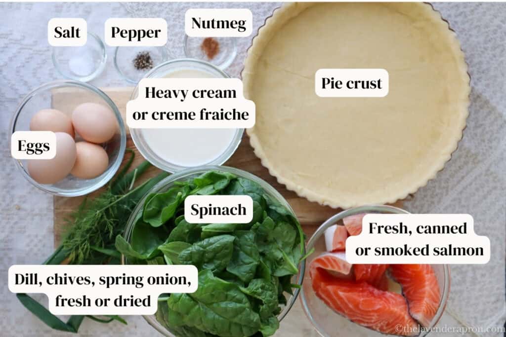 Ingredients to make salmon spinach quiche, including a pate brisee pie crust.