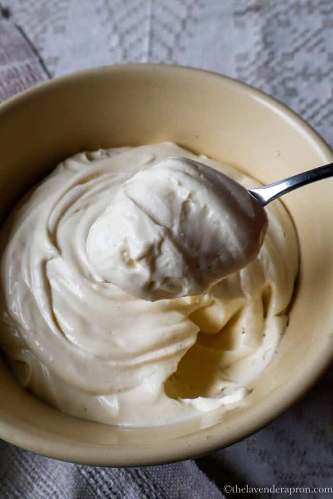 Cottage cheese icing looks thicker than whipped cream and lighter than cream cheese frosting.