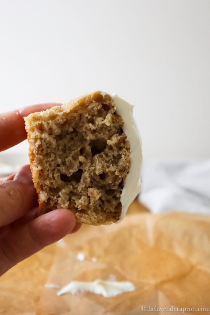 Cottage cheese frosting stays on muffin without sliding off.