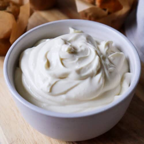 Cottage cheese frosting in a bowl ready to frost cupcakes.