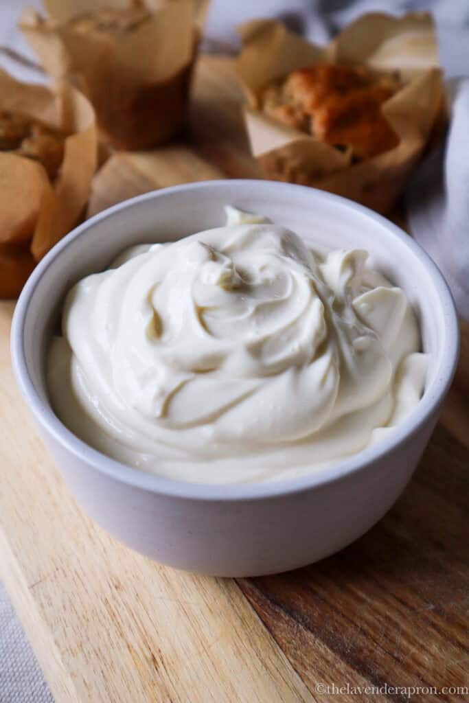 Cottage cheese frosting in a bowl ready to frost cupcakes.
