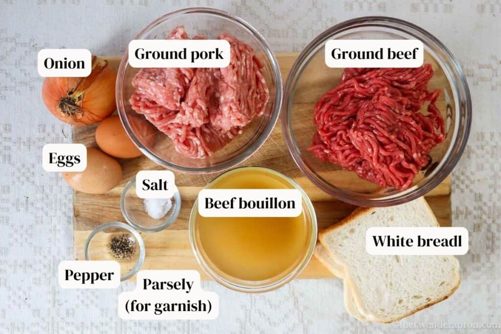 Latvian kotletes meat patties ingredients on wooden board.