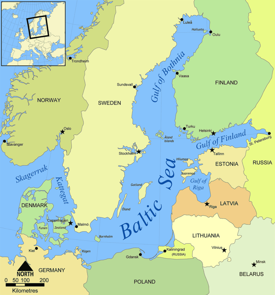 Map of the Baltic Sea region showing Latvia, Estonia, Lithuania, Finland and surrounding countries.