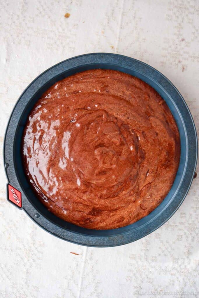Baking the Belgian chocolate cake in a round silicon pan.