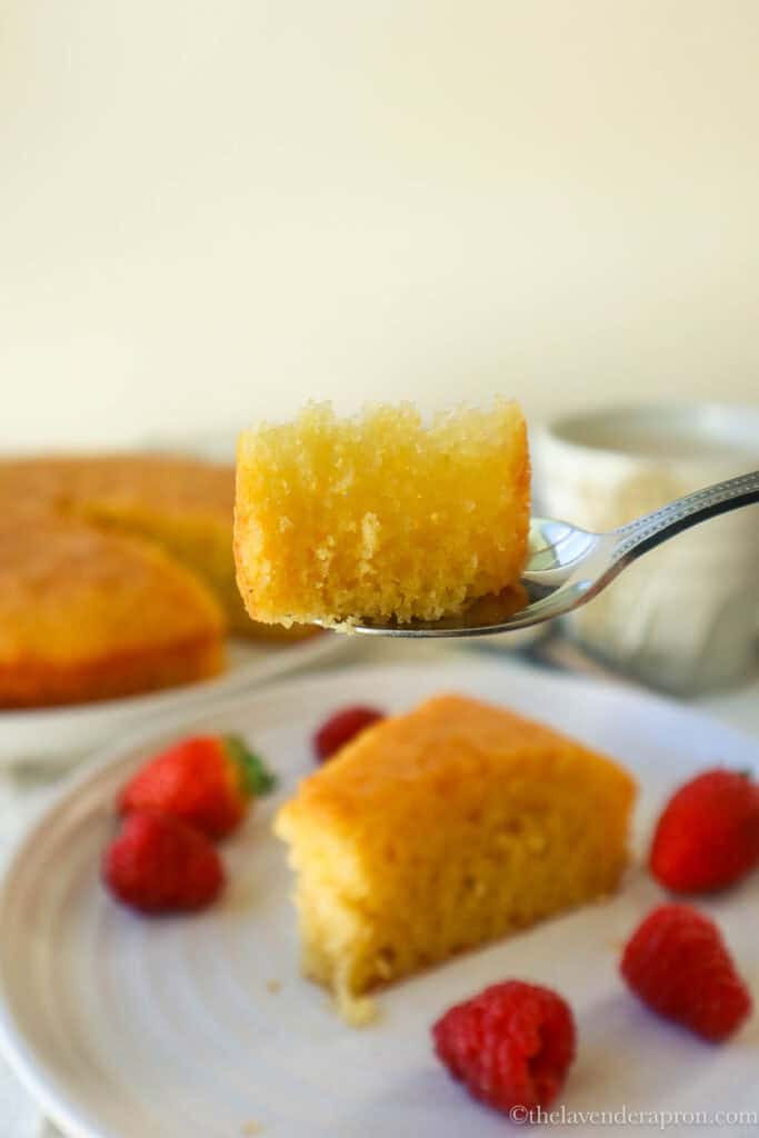 Closeup of spoonful of lemon French yogurt cake.