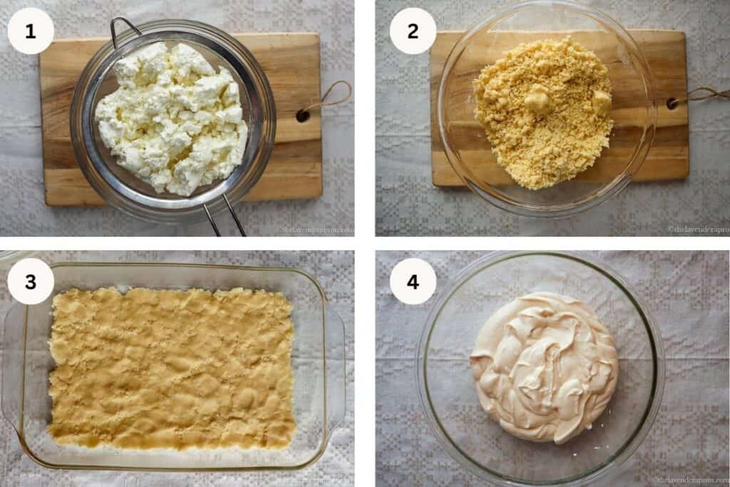 Draining cottage cheese and making the sandy base dough for the cottage cheese cake.