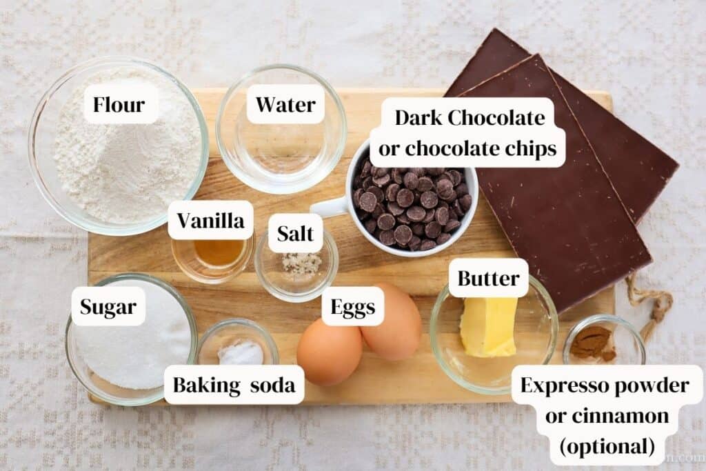 Fudgy chocolate brownies ingredients on a board.