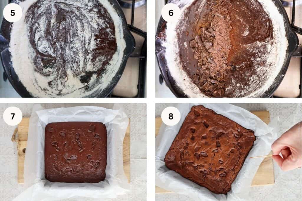 How to make fudgy chocolate brownies without cocoa powder steps 5-8.