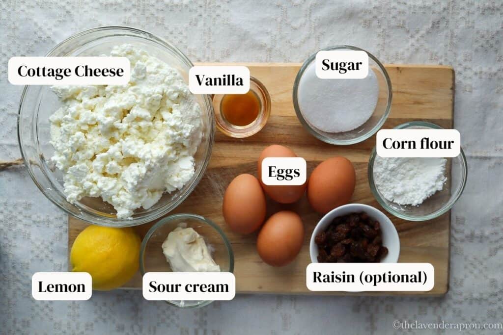 Ingredients to make the cottage cheese cake filling.