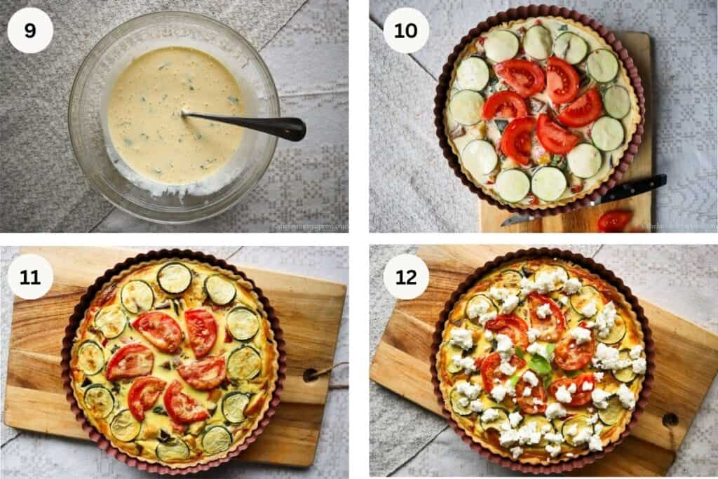 Mixing egg with creme fraiche, assembling the quiche, baking the quiche and the quiche Provencale with goat's cheese.