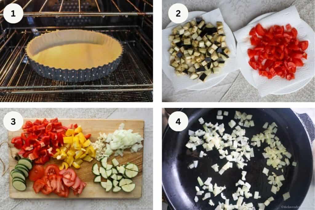 Pre-baking pie crust, salting eggplant and tomatoes, chopping up the veggies, sauteeing the onion and garlic.