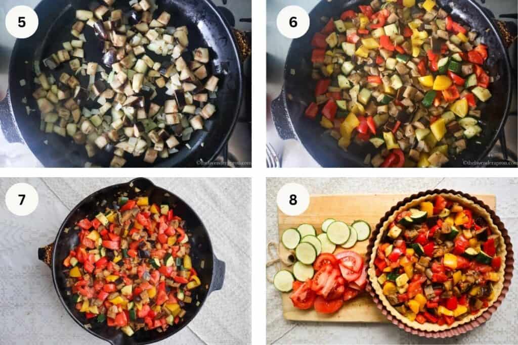 Sautee the eggplant, then the zucchini and bell peppers and finally the tomatoes and herbes de Provence and adding them to the pre-baked pie crust.