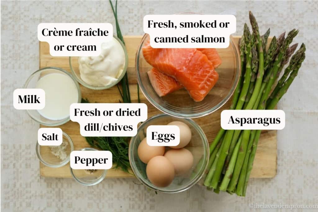 Ingredients to make the filling for a asparagus and salmon quiche.