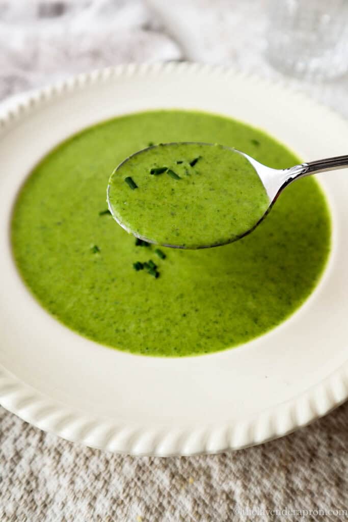 Spoonful of spinach leek soup showing smooth texture.
