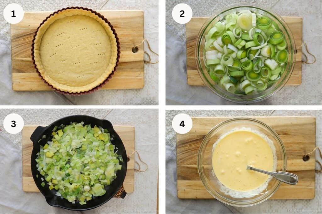 Pre baking pie crust, washing leeks, frying leeks and whisking egg custard mixture.