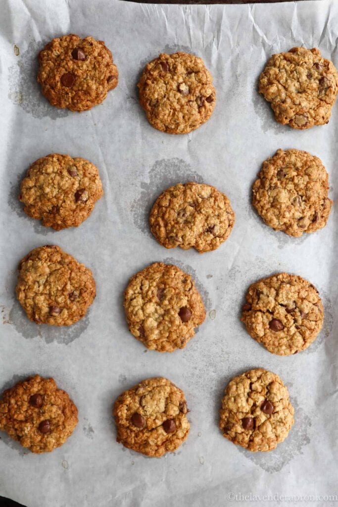 Baked oatmeal chocolate chip cookies on parchment paper.