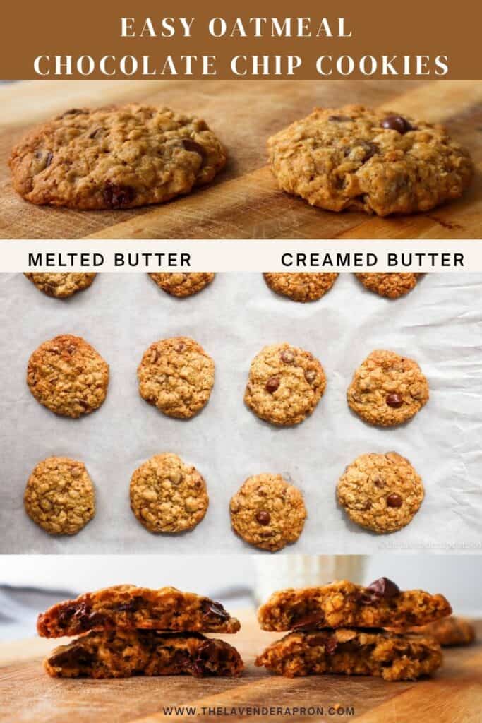 Oatmeal chocolate chip cookies made with melted butter or with creamed butter and sugar side by side.