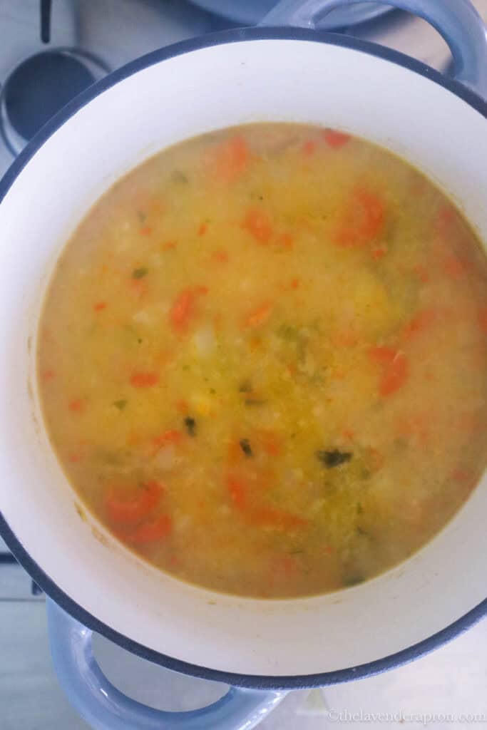 Slightly blended soup, leaving plenty of potato chunks.